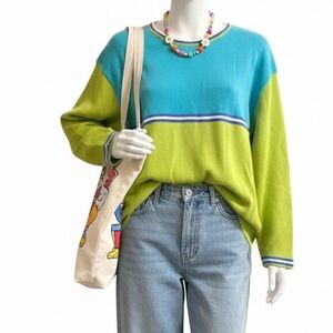 Retro 90s Bright Green Blue Knit Sweater Striped Detail Color Block Indie Large